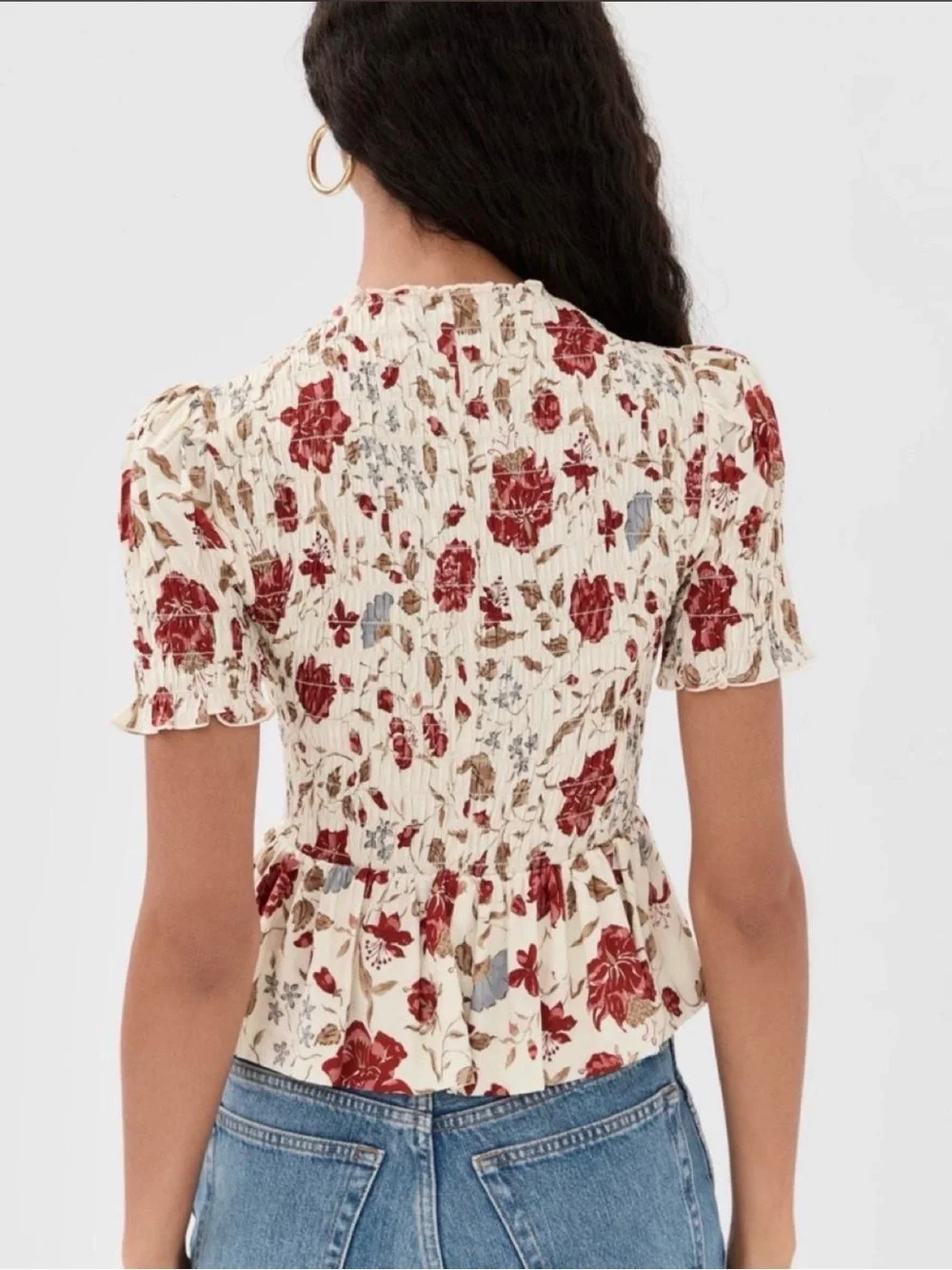 Reformation Cream Smocked Floral Peplum Top with Red Blooms